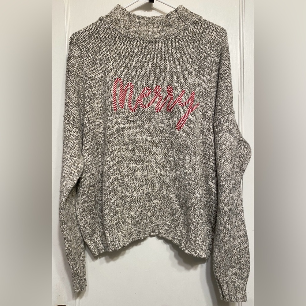 Ann Taylor Loft Soft Grey Candy Cane MERRY Christmas Holiday XMAS Sweater XL - Picture 2 of 10